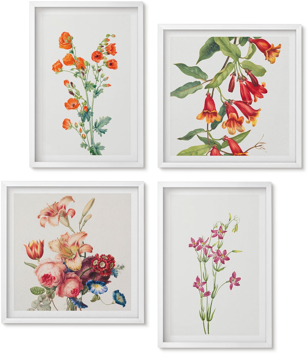 Wallfluent 4-Delige Schilderij Set - Vintage Retro Bloemenschilderij - 40 x 40 En 40 x 60 - Muurdecoratie - Wanddecoratie - Slaapkamer - Moderne Wanddecoratie