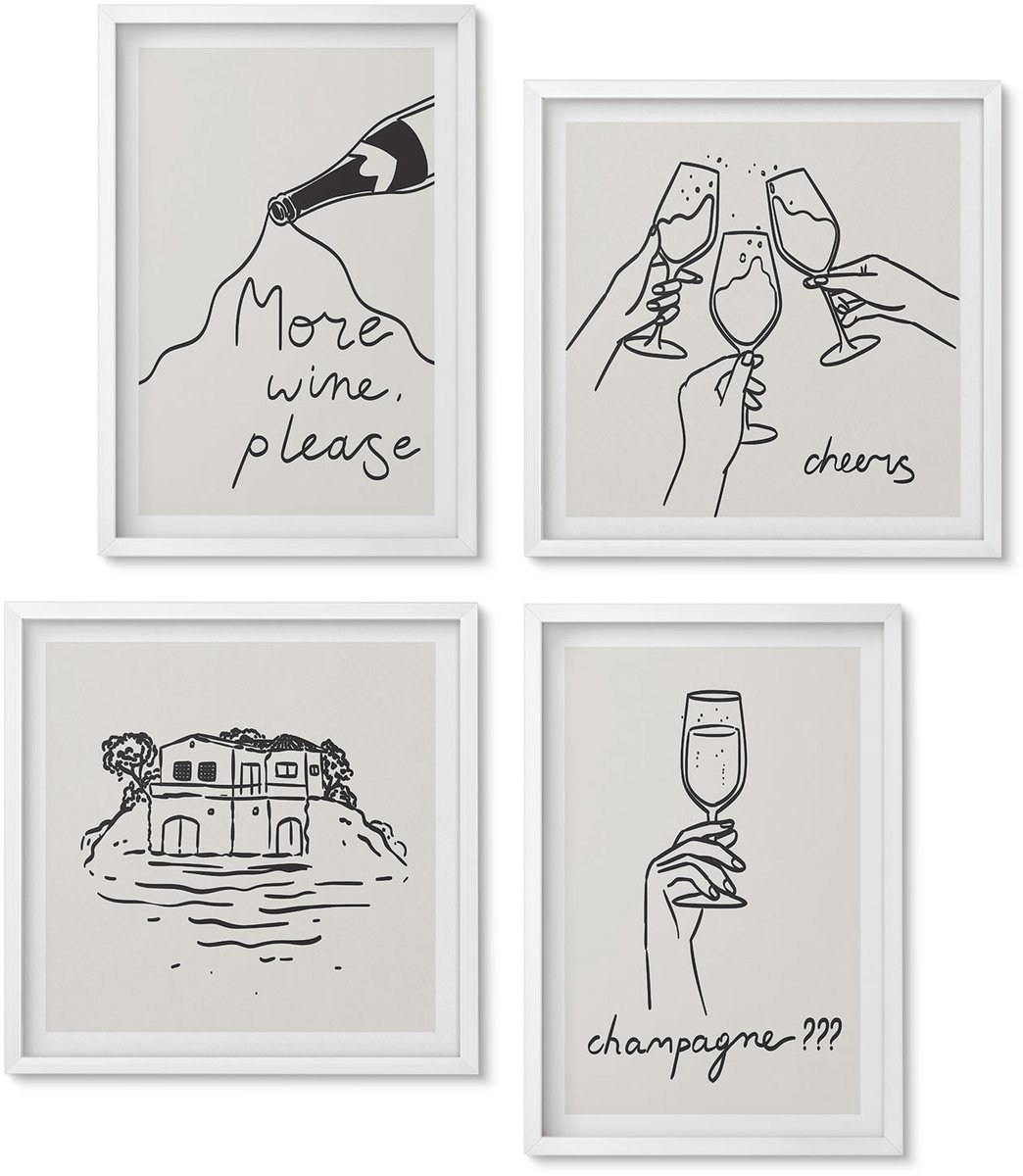 Wallfluent 4-Delige Schilderij Set - Vrolijke Momenten Met Wijn En Champagne - Lijntekening - 40 x 40 En 40 x 60 - Muurdecoratie - Wanddecoratie - Hal - Decoratieve Schilderijen