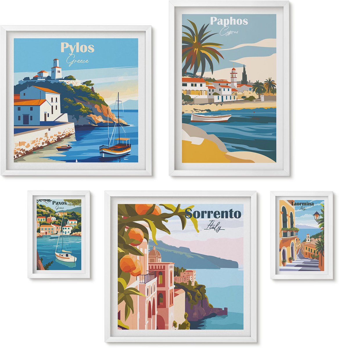 Wallfluent 5-Delige Schilderij Set - Kustlandschappen Met Charmante Europese Stadjes - 50 x 50 cm, 20 x 30 cm En 40 x 60 cm - Decoratieve Schilderijen - Woonkamer - Interieur - Woonkamer Decoratie