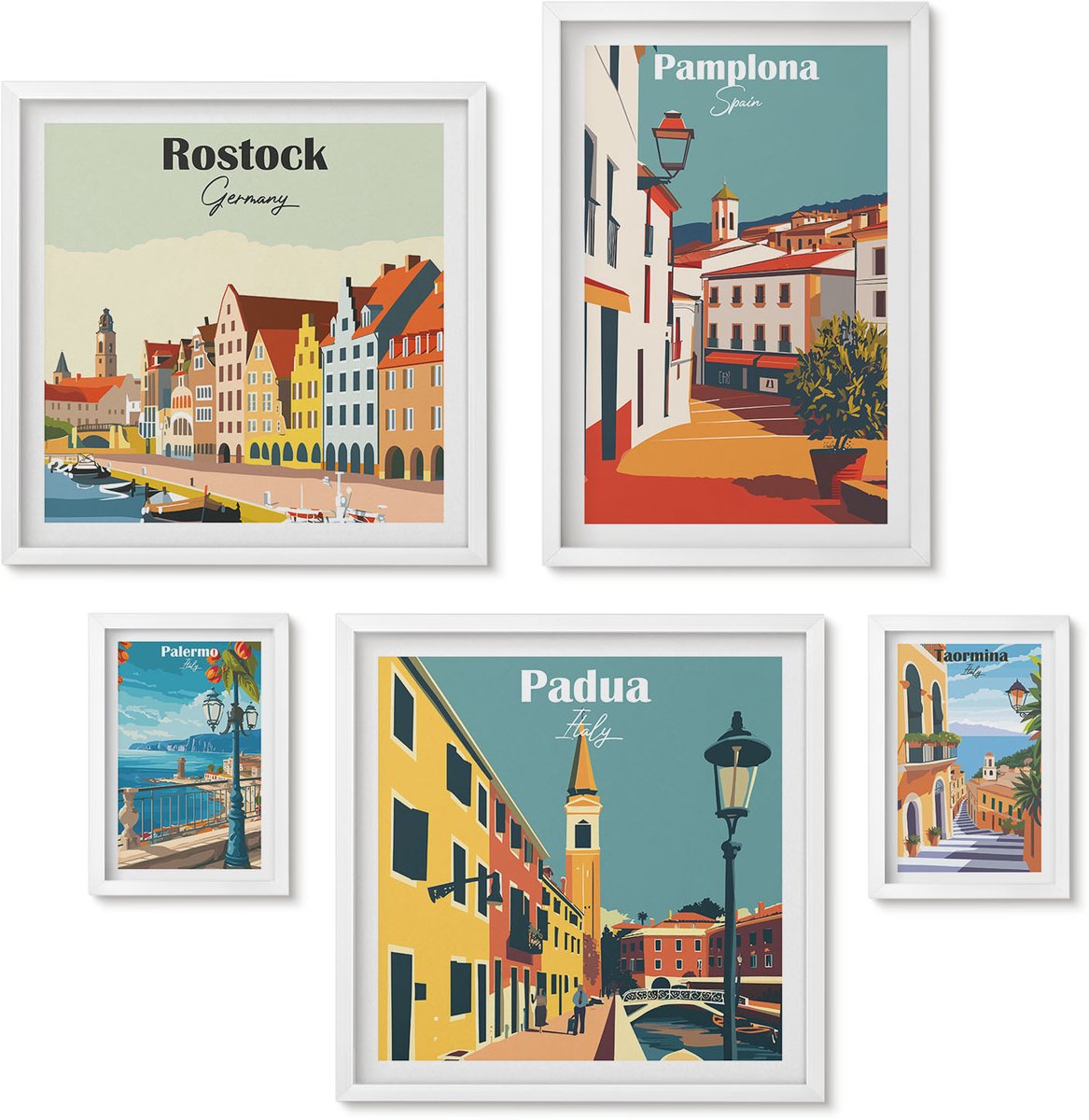 Wallfluent 5-Delige Schilderij Set - Schilderachtige Uitzichten En Architectuur Van Europese Steden - 50 x 50 cm, 20 x 30 cm En 40 x 60 cm - Muurdecoratie - Wanddecoratie - Slaapkamer - Woonkamer Decoratie