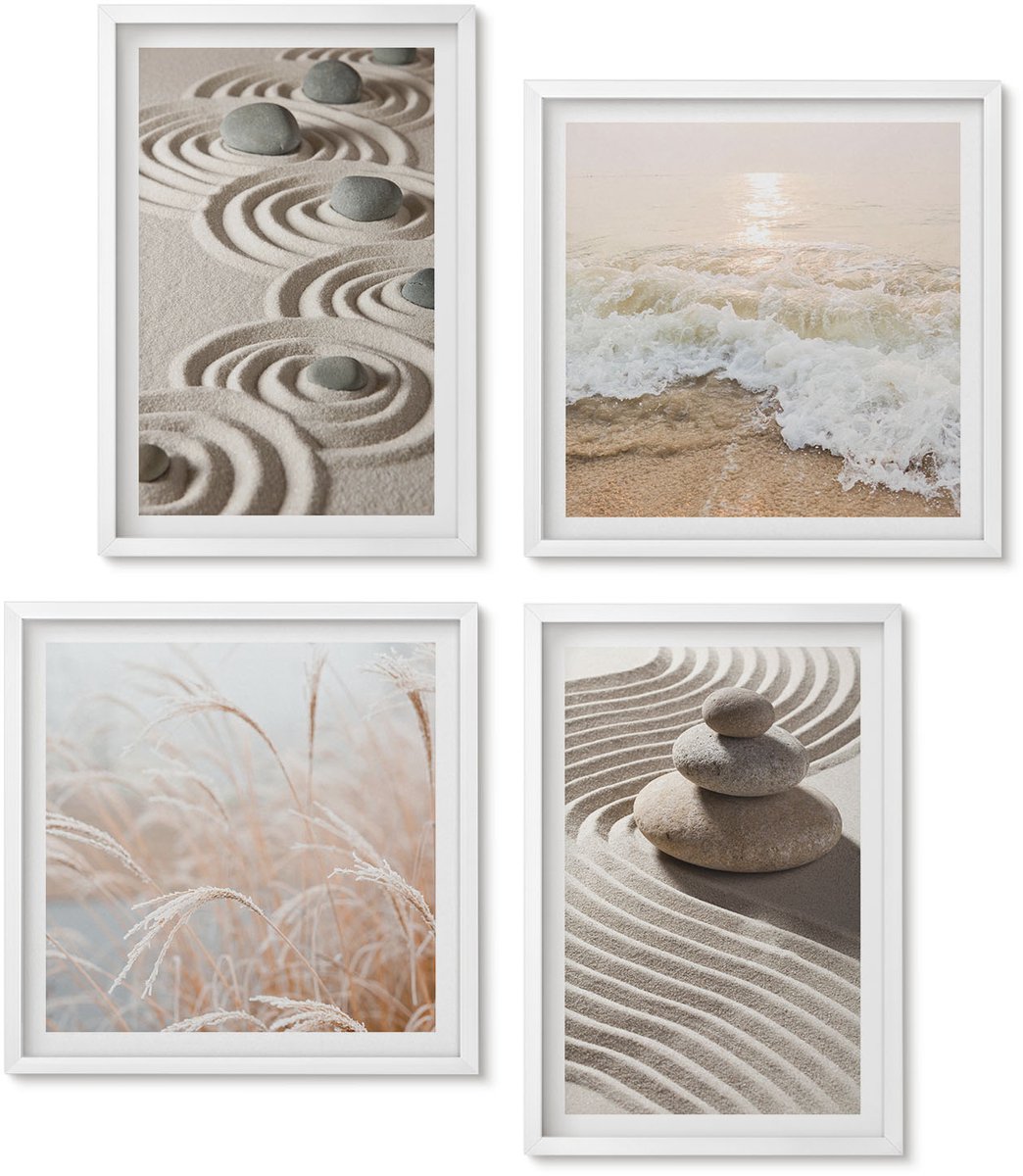 Wallfluent 4-Delige Schilderij Set - Rustig Zand En Kabbelend Water Met Kiezels Op Het Strand. - 40 x 40 En 40 x 60 - Wanddecoratie - Schilderijen Set - Interieur - Moderne Wanddecoratie