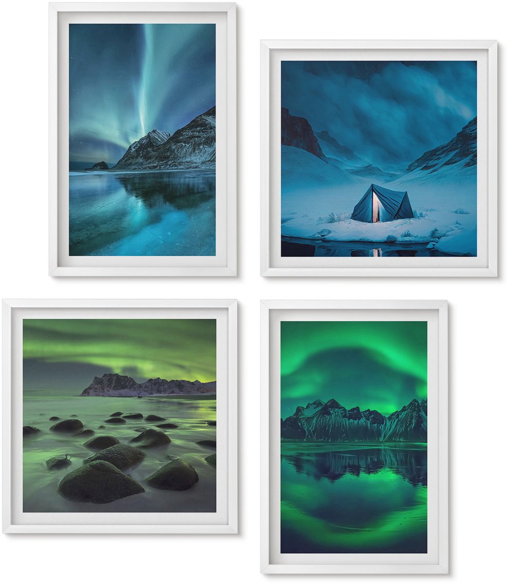 Wallfluent 4-Delige Schilderij Set - Winterlandschap Met Noorderlicht En Bergen - 40 x 40 En 40 x 60 - Wanddecoratie - Muurdecoratie - Woonkamer - Woonkamer Decoratie