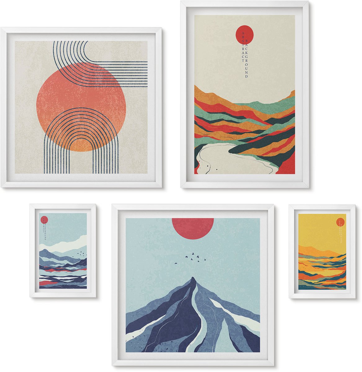 Wallfluent 5-Delige Schilderij Set - Abstracte Berglandschappen Met Geometrische Vormen - 50 x 50 cm, 20 x 30 cm En 40 x 60 cm - Decoratieve Schilderijen - Woonkamer - Interieur - Moderne Wanddecoratie