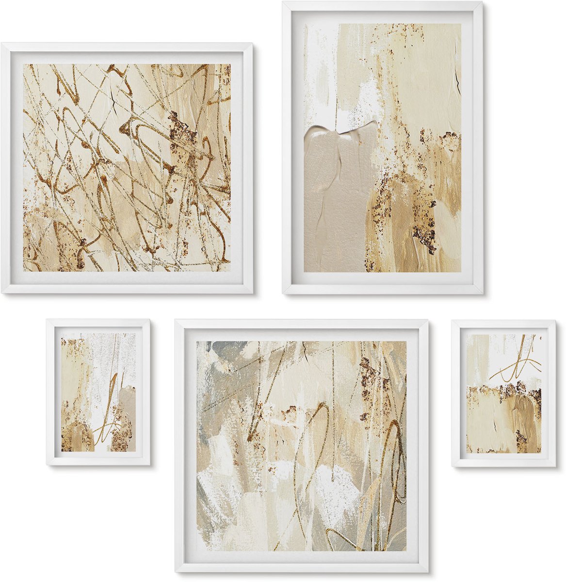 Wallfluent 5-Delige Schilderij Set - Abstracte Composities In Een Moderne Stijl Met Textuur - 50 x 50 cm, 20 x 30 cm En 40 x 60 cm - Muurdecoratie - Wanddecoratie - Hal - Interieur Decoratie