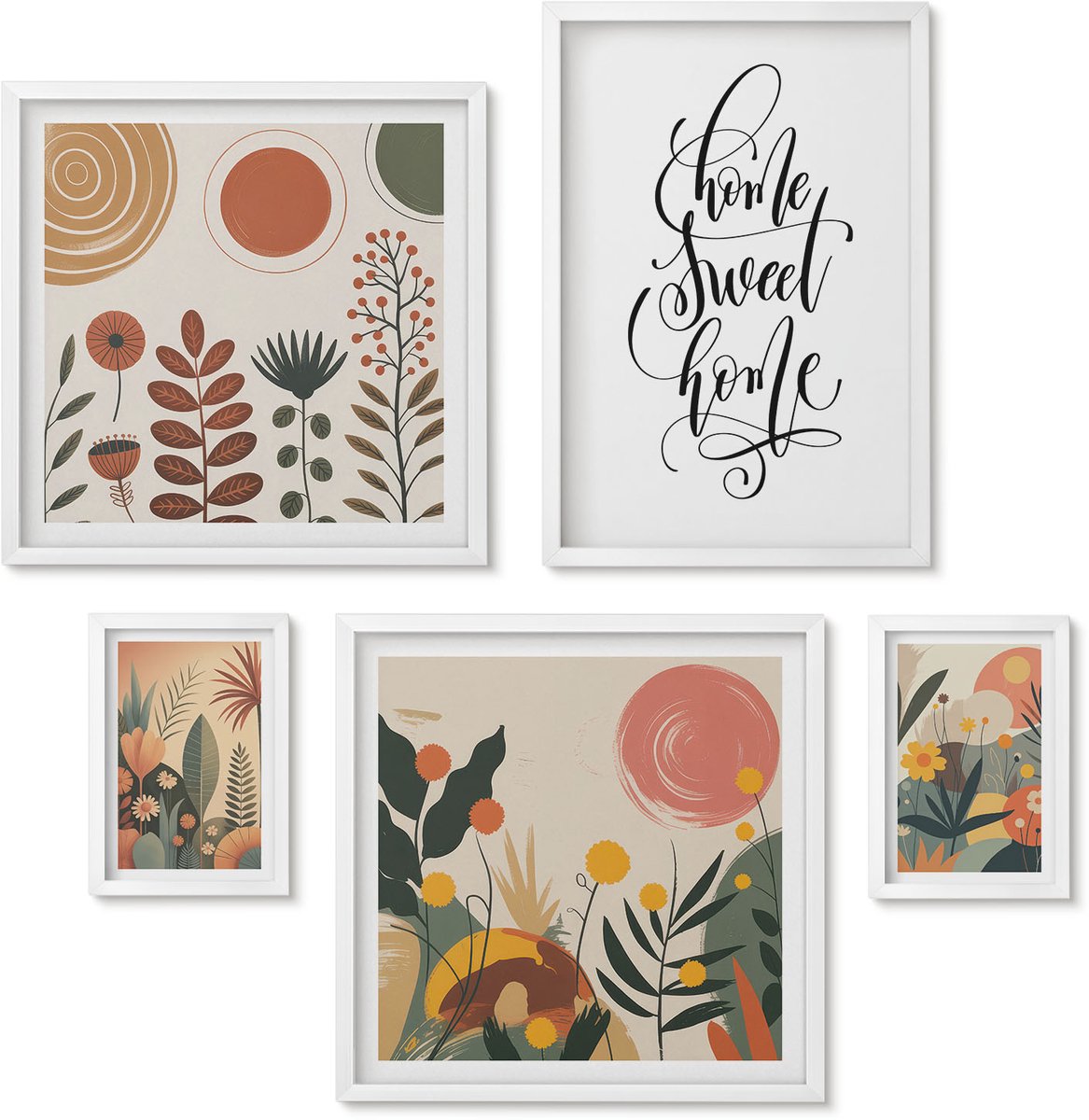 Wallfluent 5-Delige Schilderij Set - Stijlvolle Decoraties Met Plantmotieven En Opschriften. - 50 x 50 cm, 20 x 30 cm En 40 x 60 cm - Schilderijen Set - Wanddecoratie - Woonkamer