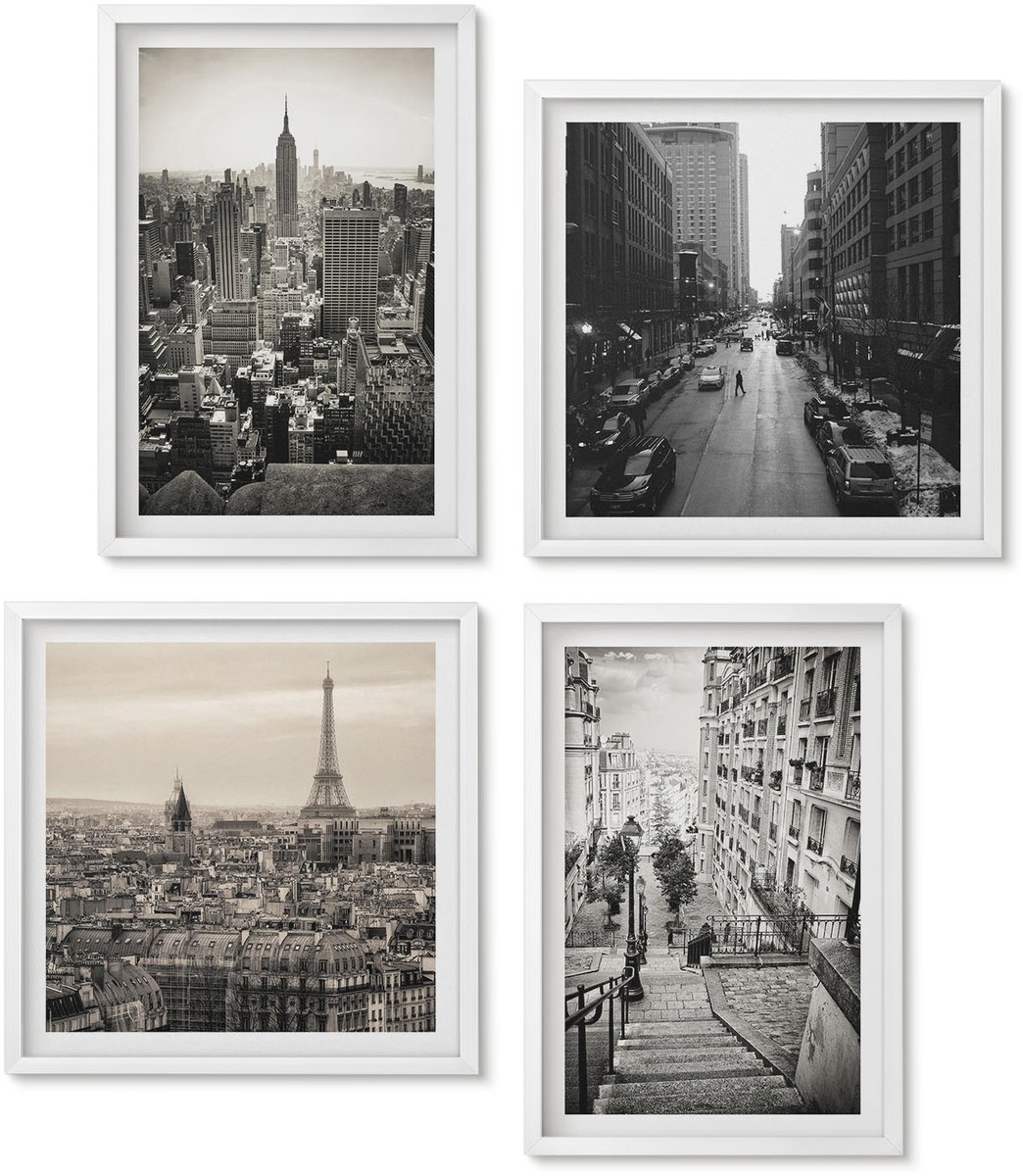 Wallfluent 4-Delige Schilderij Set - Stadsgezichten Parijs New York En Charmante Trappen - 40 x 40 En 40 x 60 - Decoratieve Schilderijen - Woonkamer - Interieur - Interieur Decoratie