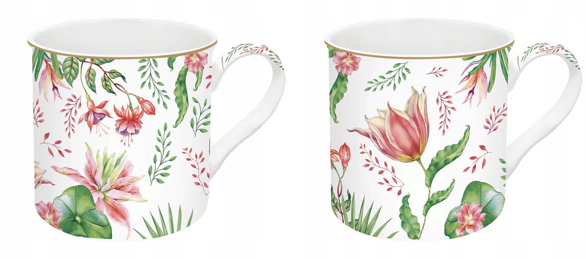 Set van 2 Mokken 300ml - Minimalistisch Bloemendesign, Kleurrijk