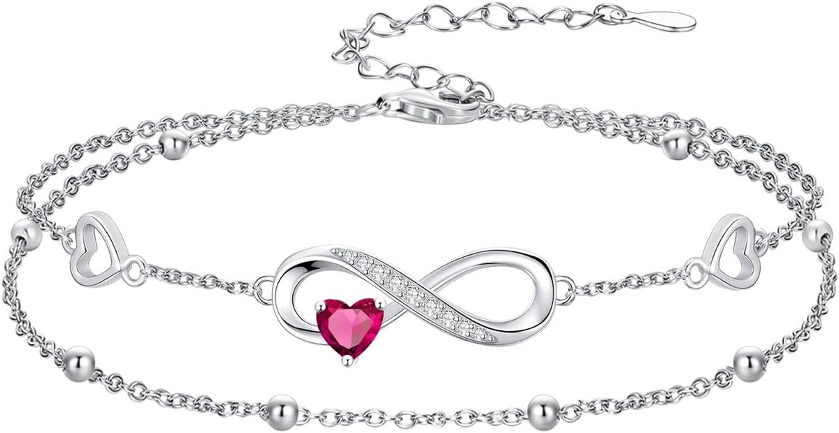 925 sterling zilveren sieraden voor dames, oneindigheidsgraad hart, geboortesteen armband en enkelband, dubbele rijen - ShopVlot