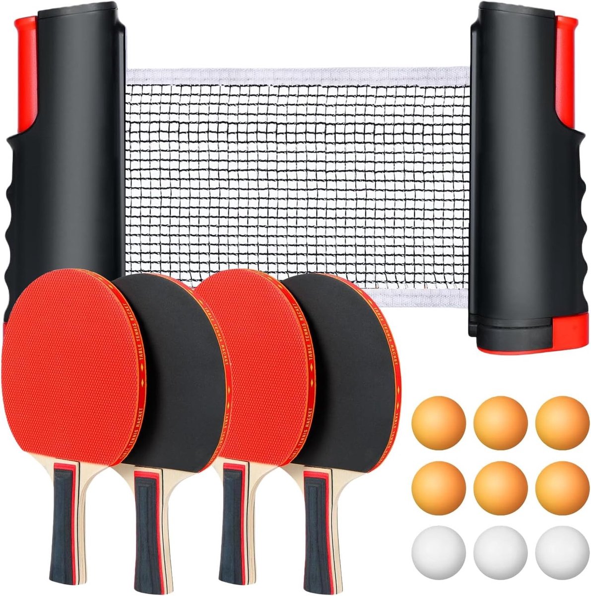Tafeltennisnetje voor elke tafel - Tafeltennisset - Zwart Rood - 25 x 15 cm - Houten Rackets met Rubberen Bekleding - Voor Beginners en Gevorderden