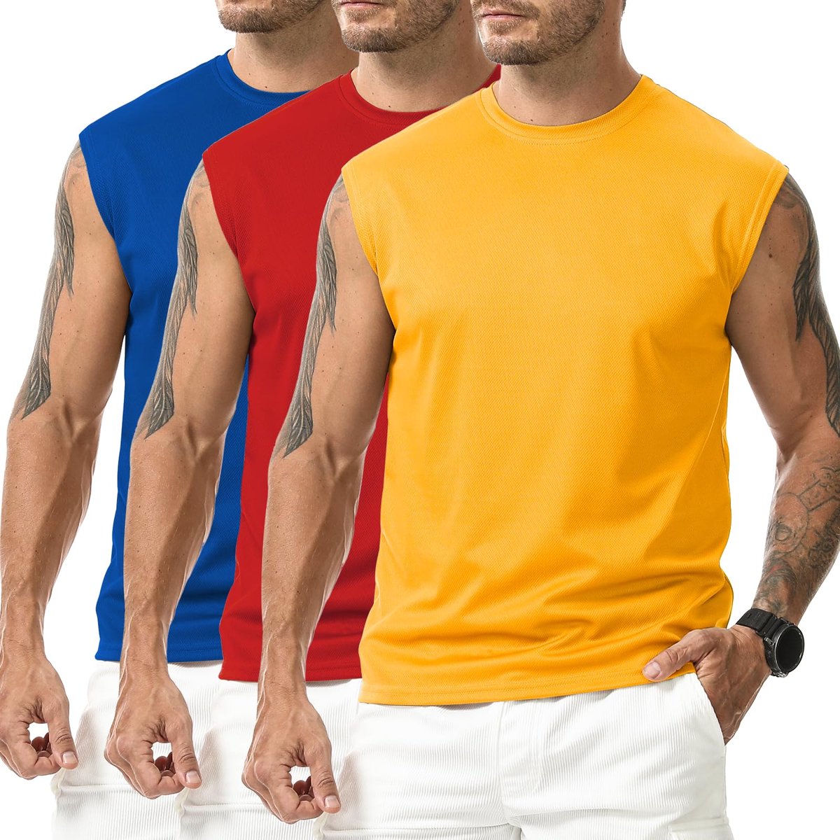 Suwangi 3 stuks tanktop voor heren, hardloopvest, mouwloos, blauw + rood + geel, 3XL - ShopVlot