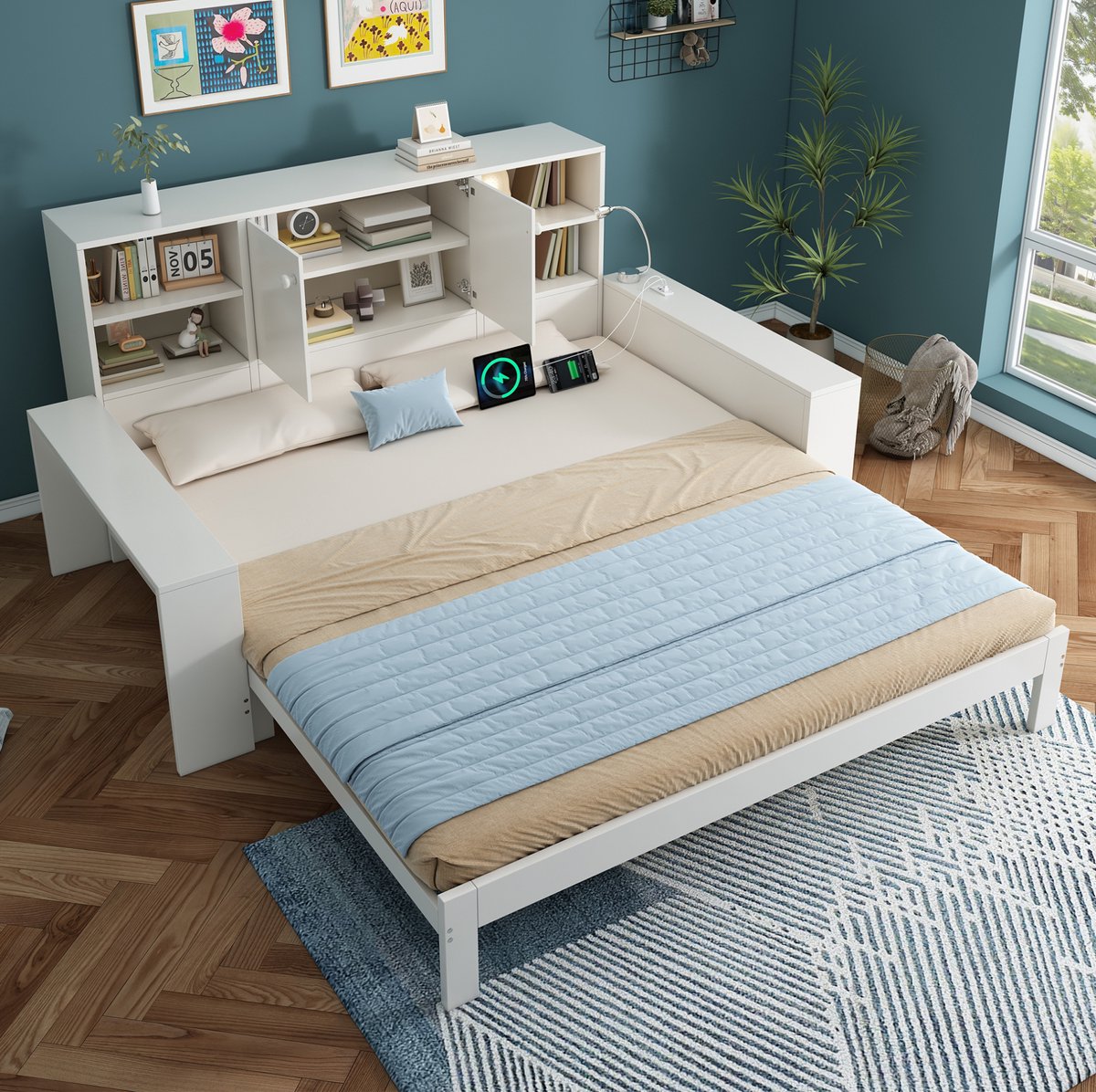 Wishdor Bedbank 90x200 cm - Uitziehbed met opbergruimte, usb- en type-c-aansluitingen, lattenbodem, wit, hout, voor matras 90/180x200 cm