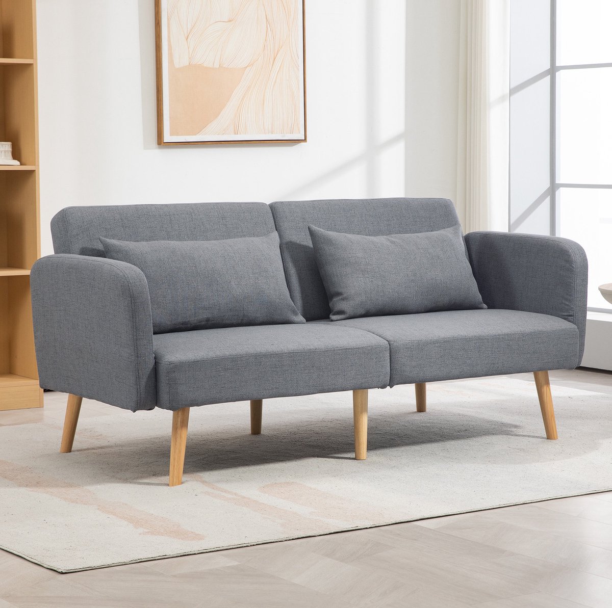 Wishdor Slaapbank 3-zits - Verstelbare rugleuning 3 standen - Met slaapfunctie - Wellenveren - Houten poten - Met 2 kussens - Grijs - Polyester - 170 x 83 x 80 cm