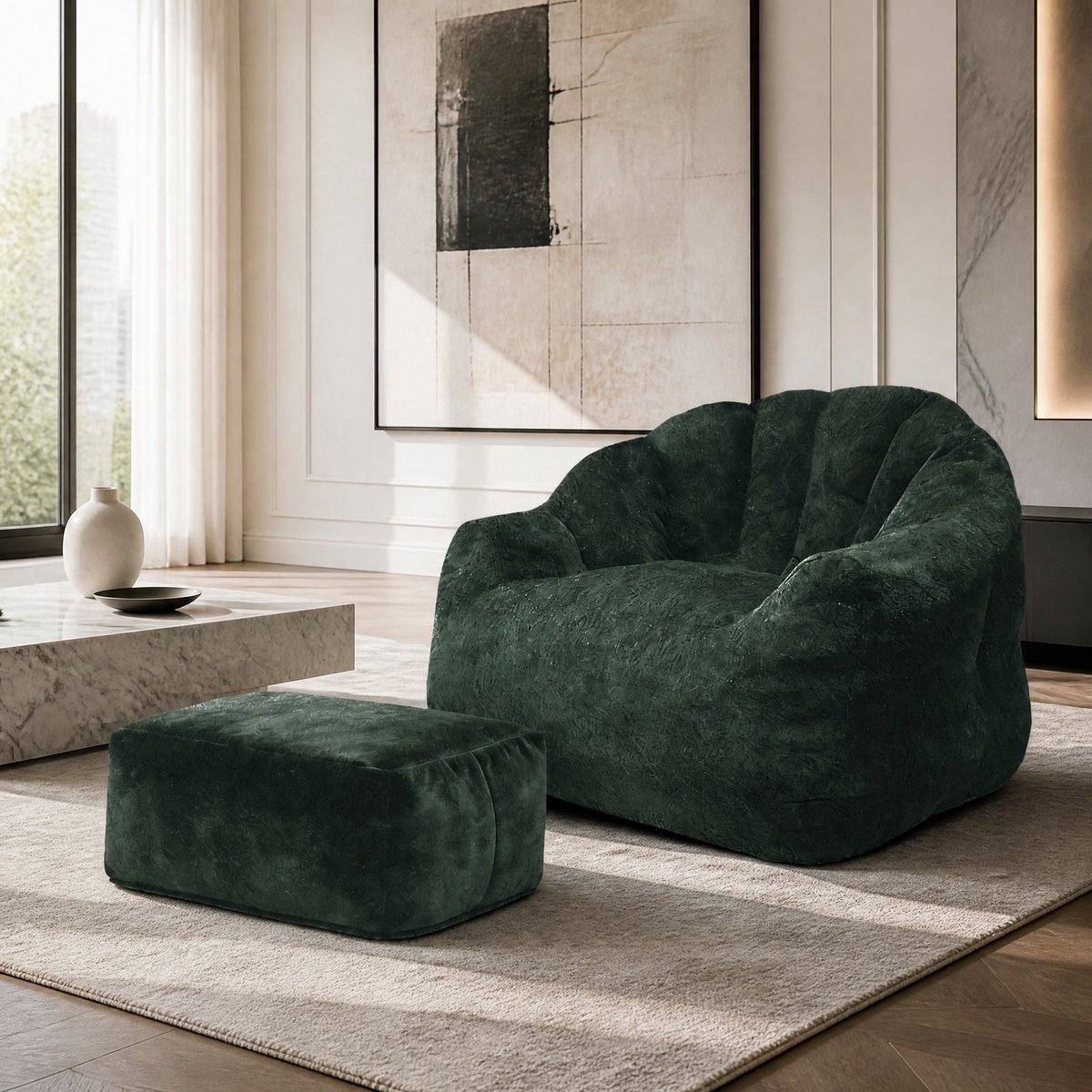 Wishdor loungestoel met ottoman - Met rugleuning - Fluweelachtige chenille - Donkergroen - Voor woonkamer, slaapkamer of studeerkamer - 99 x 86,3 x 64,7 cm