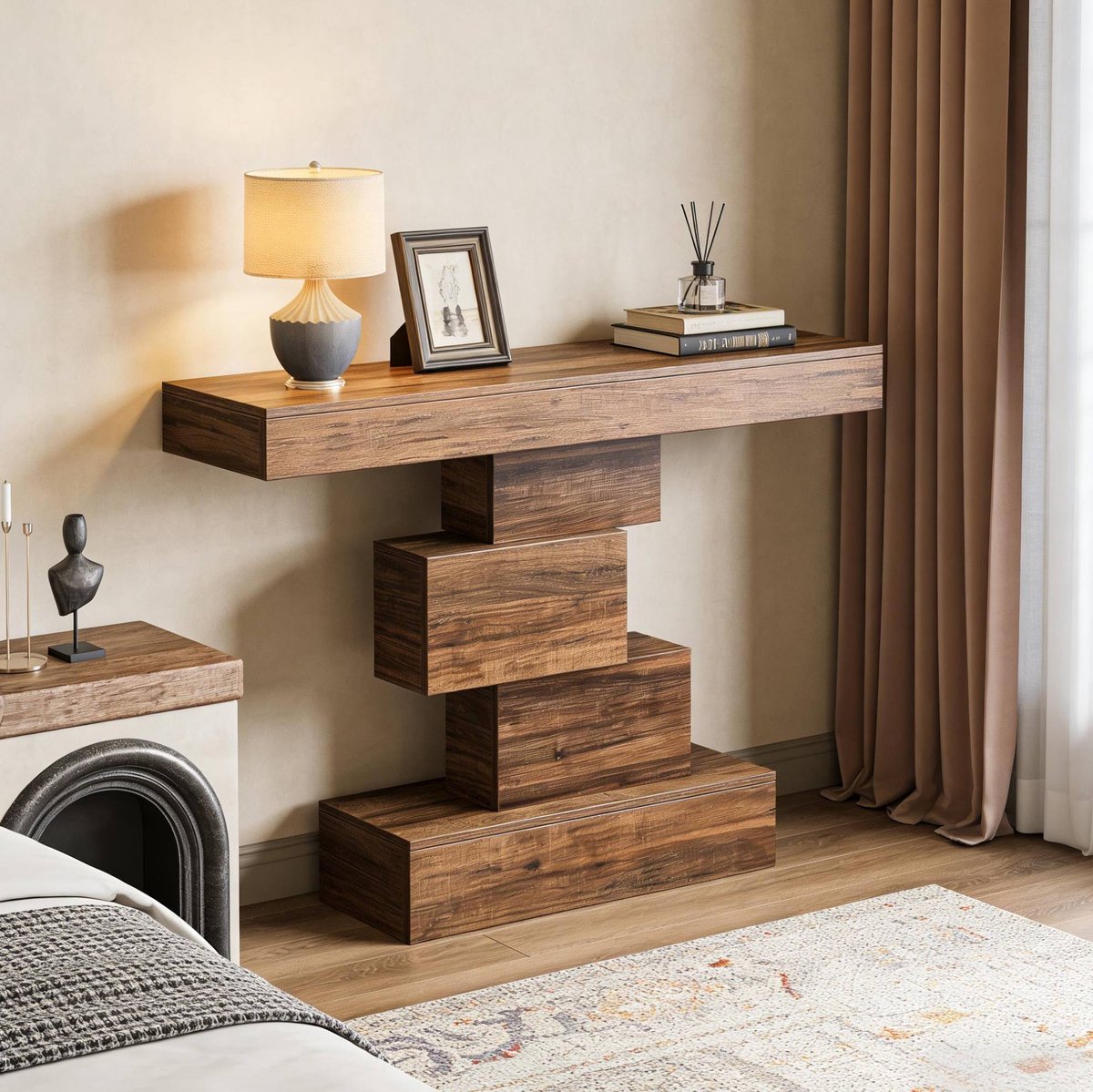 Wishdor Sidetable - Geometrisch design - Modern - Voor hal en woonkamer - Houtlook in donkerbruin - Voor decoratie en planten - Rechte vorm - 108 x 30 x 80 cm