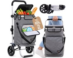 SquareSix Boodschappentrolley 50L met Koelvak - Boodschappenkar - Winkeltrolley Opvouwbaar - Afneembare Tas - Steekwagenfunctie - Grijs