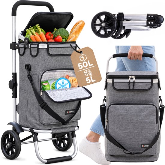 Grijze boodschappentrolley met 50L inhoud en 5L koelvak. Gevuld met verse boodschappen. Afneembare tas.