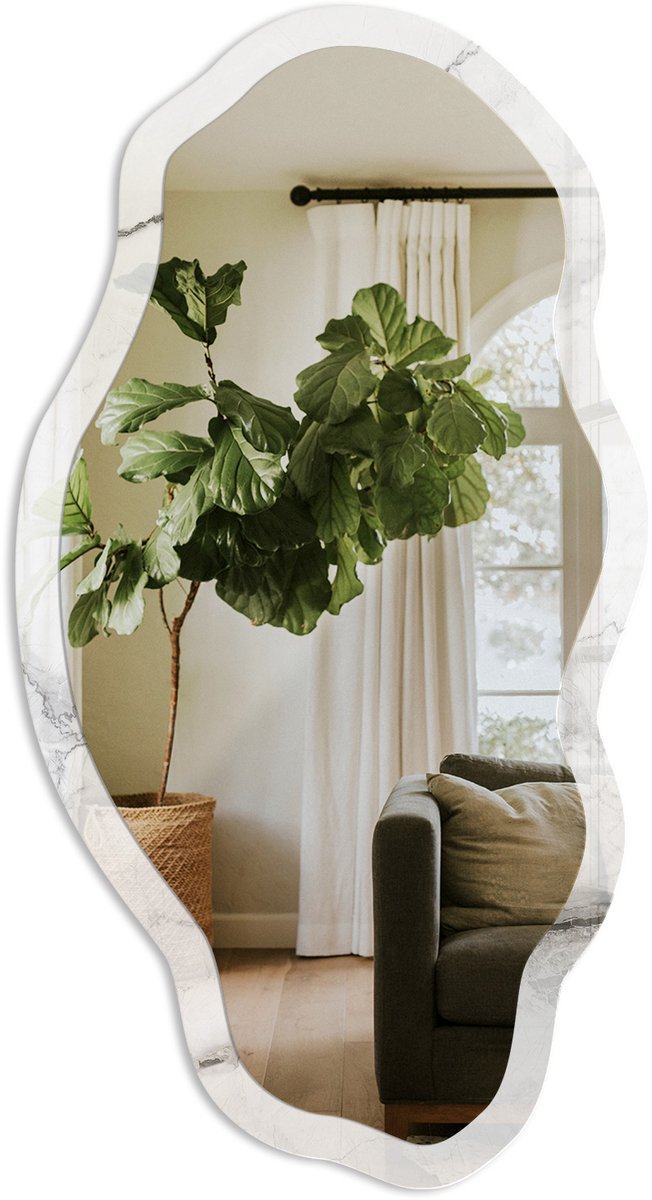 TULUP Marmeren Elegantie Spiegel - Wit Stijlvolle Wandspiegel - Organische Spiegel - Woonkamer, Badkamer, Kantoor - Minimalistisch - 45x90 cm - Totale afmeting 52x97 cm Elegant Marmer, Wit