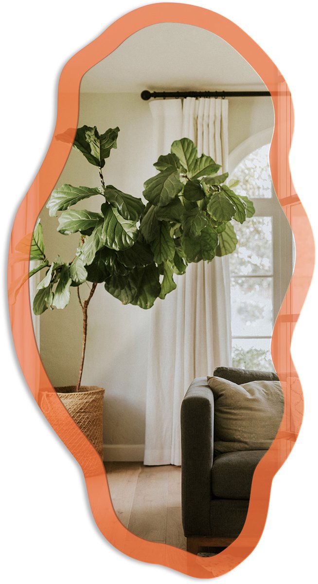 TULUP Sterk Oranje Spiegel - Oranje Stijlvolle Wandspiegel - Organische Spiegel - Slaapkamer, Woonkamer, Kantoor - Minimalistisch - 45x90 cm - Totale afmeting 52x97 cm Sterk Oranje, Oranje