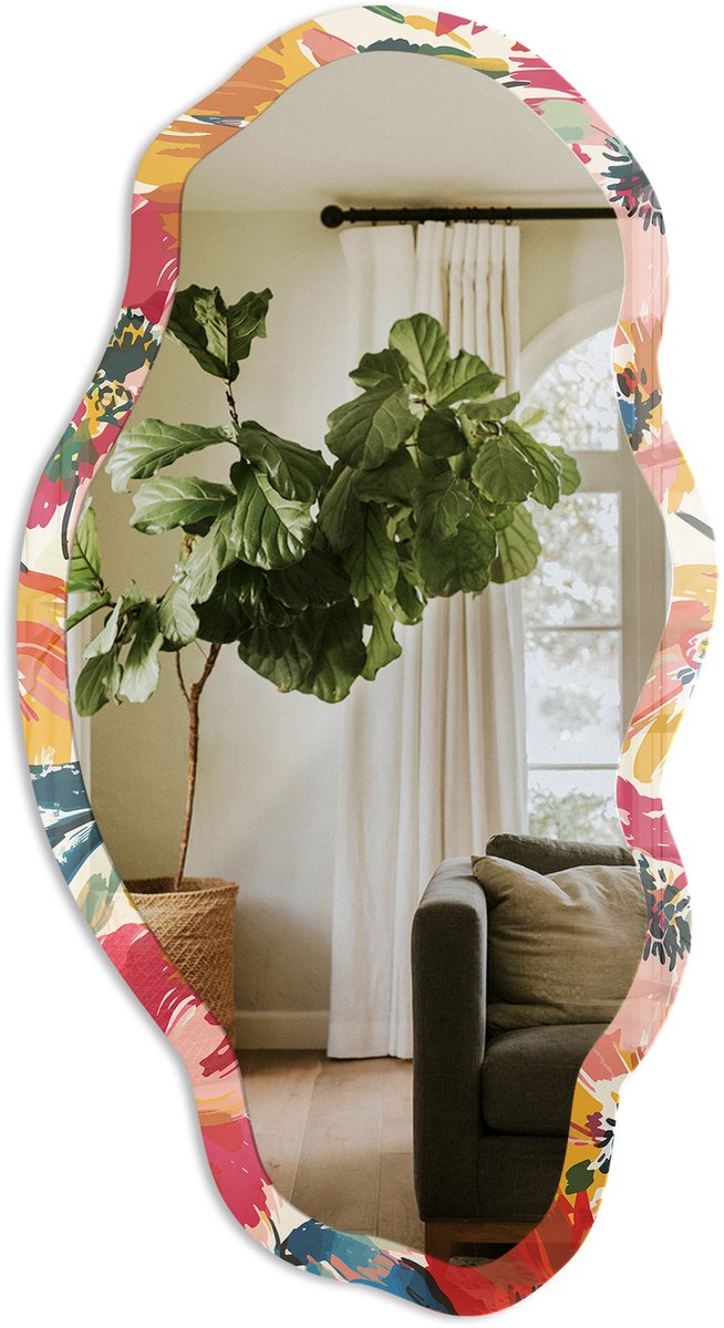 TULUP Bloemenpatroon Spiegel - Geel Elegante Rechthoekige Wandspiegel - Organische Spiegel - Woonkamer - Schilderachtig - 45x90 cm - Totale afmeting 52x97 cm Bloemenpatroon, Geel