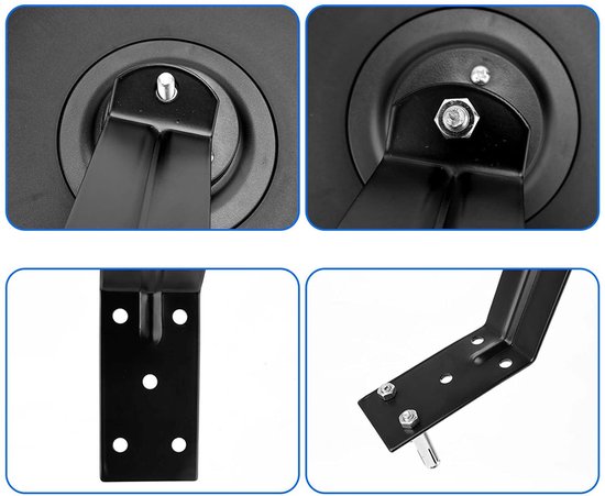 Montagedetails van een zwarte metalen beugel voor een bolle spiegel, inclusief bouten en moeren.