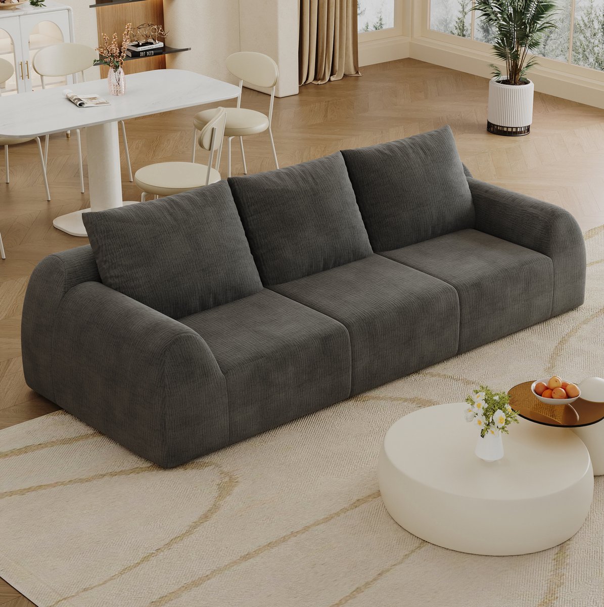 OKWISH Zitbank 257 cm - Zonder Montage, Met Hoge Elasticiteit en Zachte Chenille Bekleding - Voor Woonkamer, Slaapkamer en Appartement - Stof - Donkergrijs