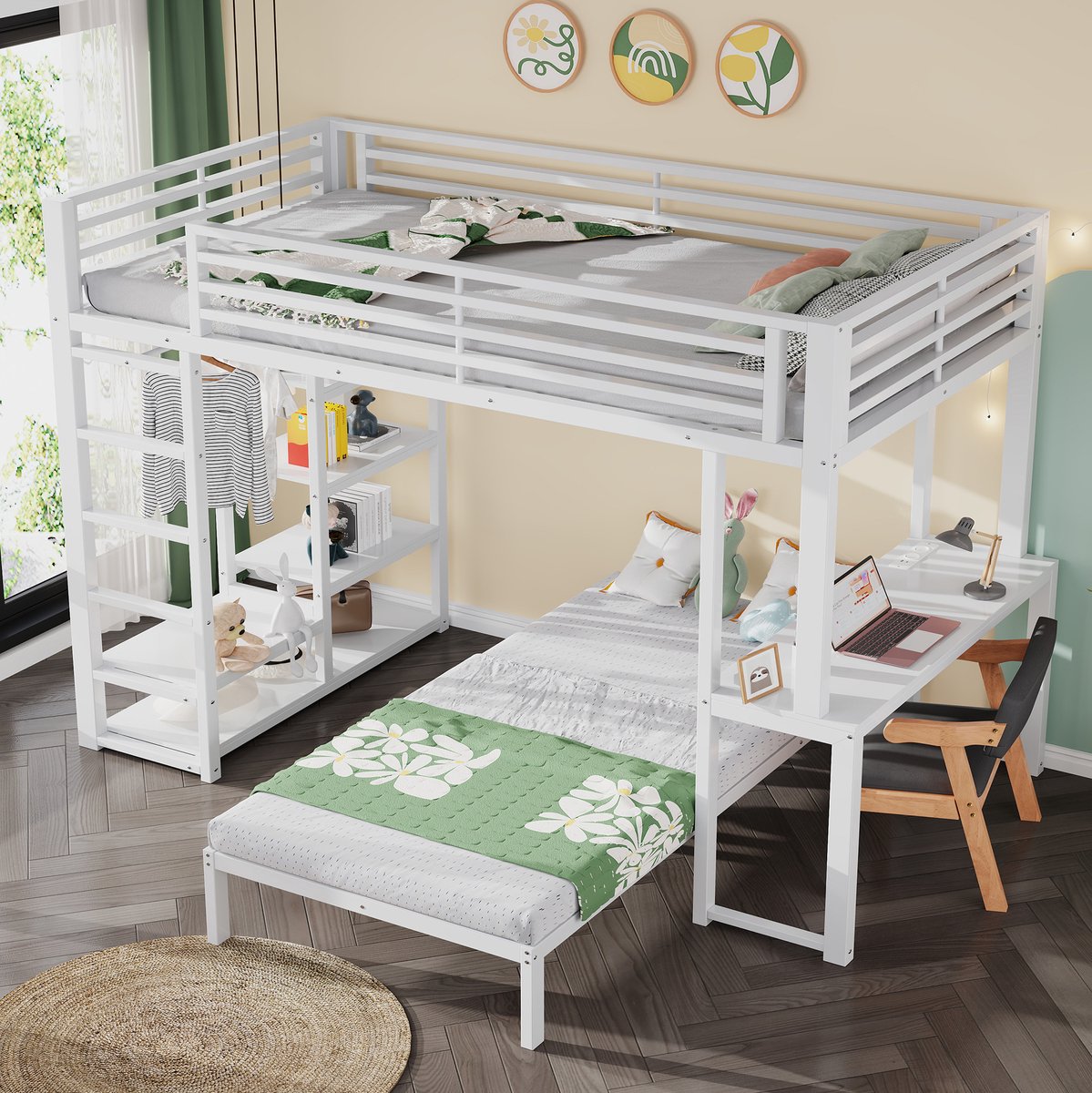 MIVRAY Hoogslaper 90x200cm - Hoogslaper Met Bureau En Opbergrekken - Met Kledingopslag En Veiligheidsrand - Voor Kinderkamer - MDF En Metaal - Wit