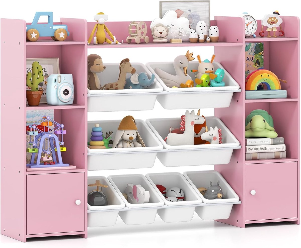 KOMFOTTEU Speelgoedopbergkast - 4-laags kinderboekenkast met 6 vakken en 8 uitneembare bakken - Speelgoedorganizer voor woonkamer of slaapkamer 142 x 30 x 100 cm