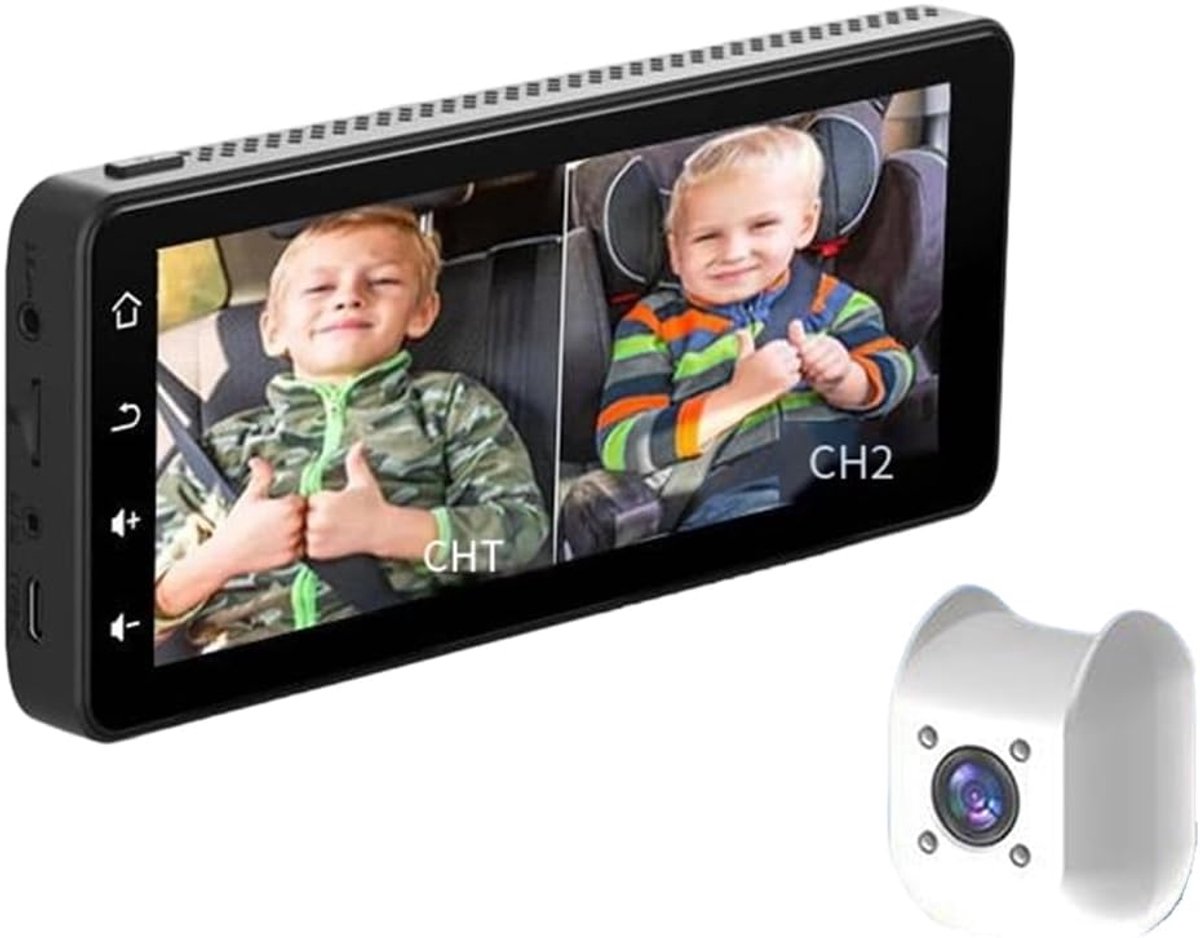 Autobabycamera met dubbel scherm - 6,86-inch 1080p babyfoon met gesplitst scherm, past in autostoeltjes, 360° draaibaar, monitor voor de achterbank
