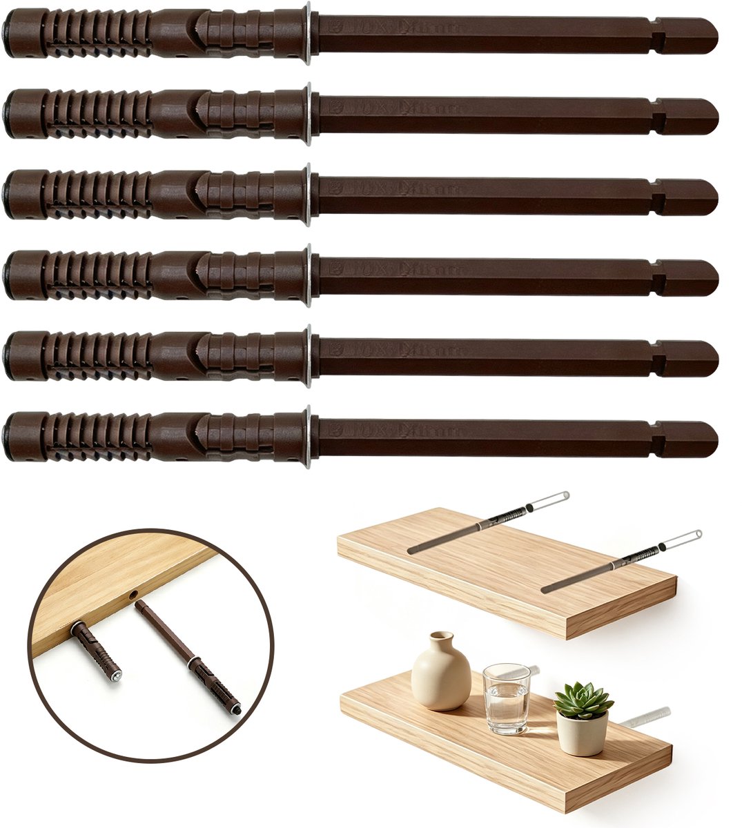 Plankdragers – Set van 6 onzichtbare dragers voor zwevende planken – Diameter 10 mm x lengte 100 mm – Wandmontage – Geschikt voor doe-het-zelfprojecten – Onzichtbare plankdragers – Set van 6 – Totale lengte 175 mm