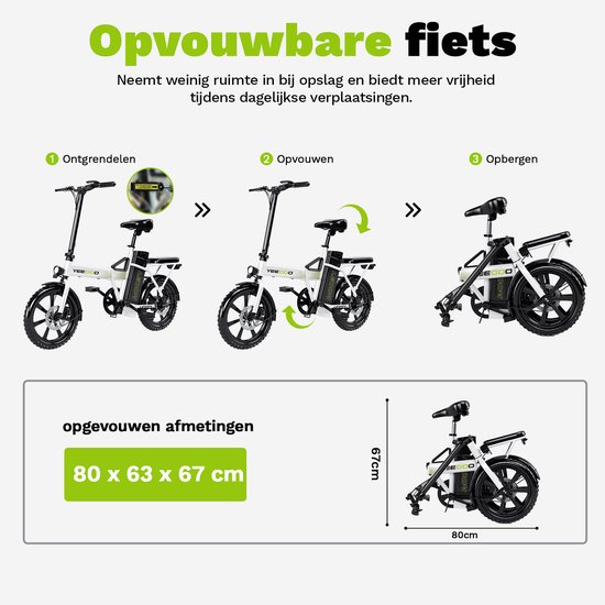 YEE GOO Elektrische fiets - Elektrische Vouwfiets - Opvouwbare fiets - 250 W Motor - 36V10.4AH Batterij - Verwijderbare Accu - Max. Snelheid 25 km/u - 30-45 km Actieradius - 16″ Banden - Dubbele Schijfremmen - geschikt voor woon-werkverkeer - Wit — afbeelding 4