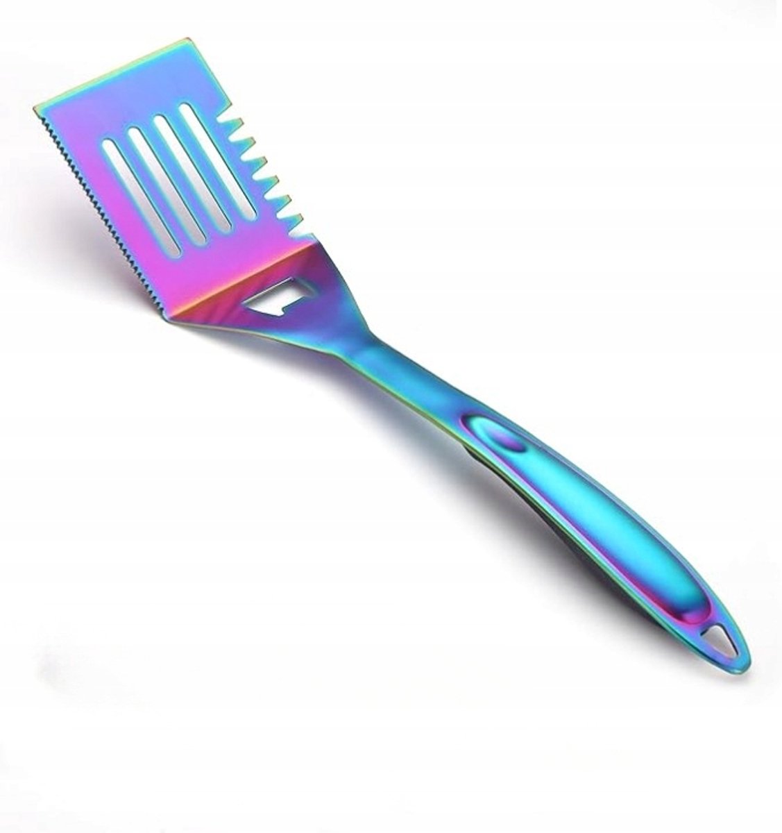 Merkloze metalen grillspatel met gaten, regenboogkleurig, 37,5 cm