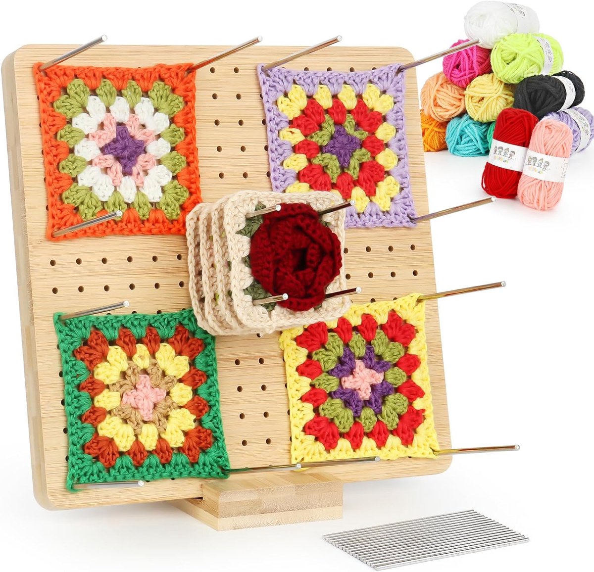 Granny Square Tensioner 23,5 x 23,5 cm - Houten Blokbord met 12 Wolballen - Voor het Spannen van Haakprojecten - Coopay