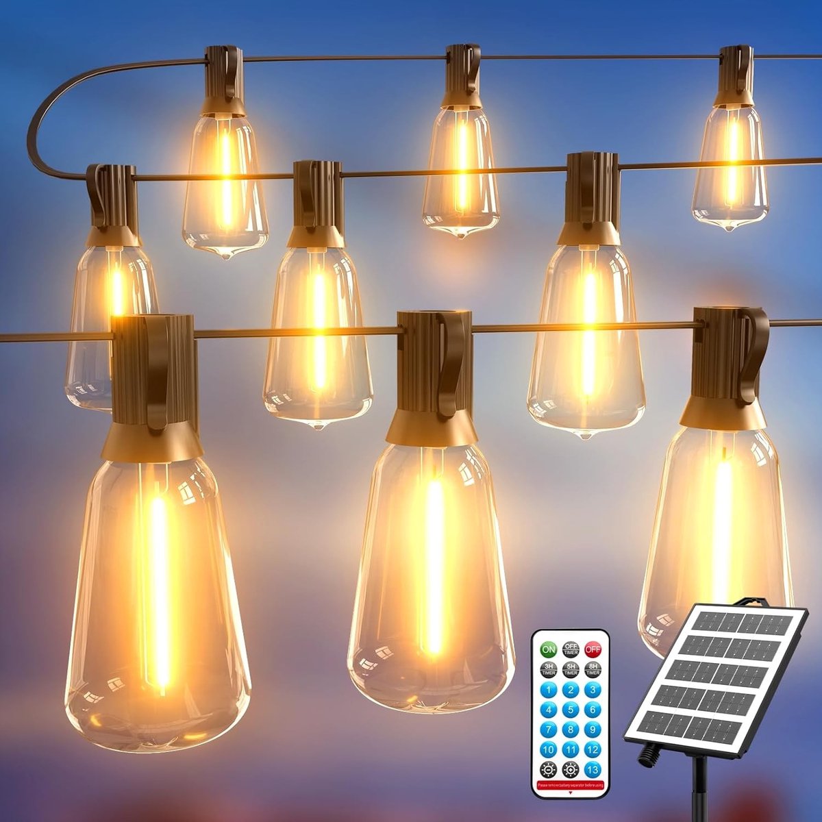 Lichtsnoer op zonne-energie voor buiten - Warm Wit - 12,8 m - Met Afstandsbediening en 13 Lichtmodi - Voor Tuin en Feest