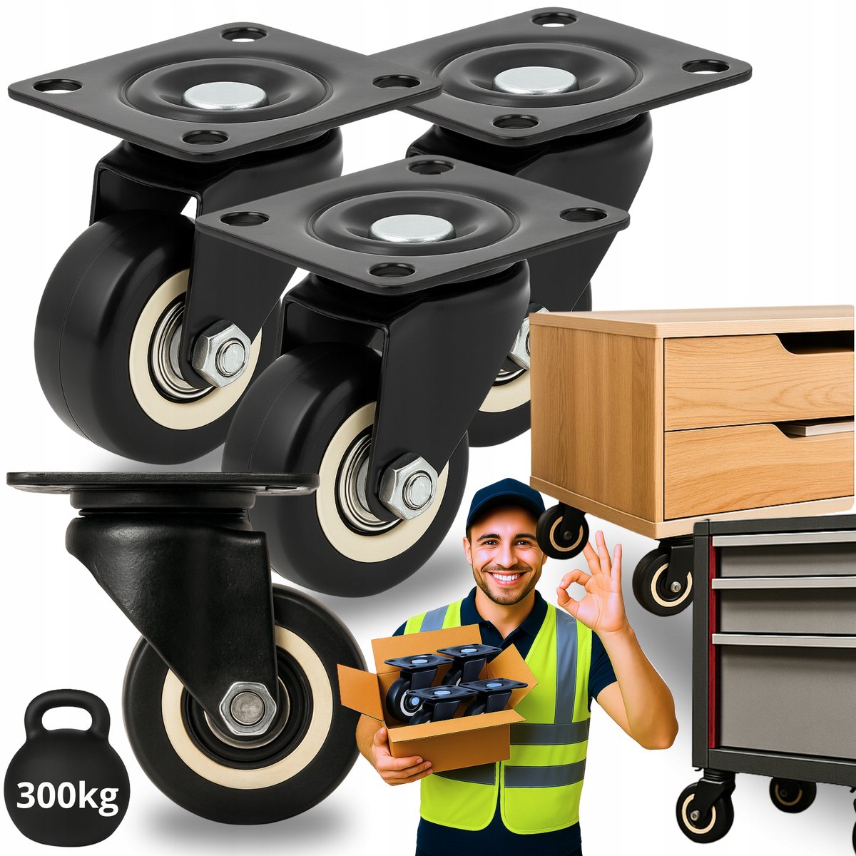 4x Zwenkwielen 50mm, 300kg Draagvermogen, Polyurethaan, Stil