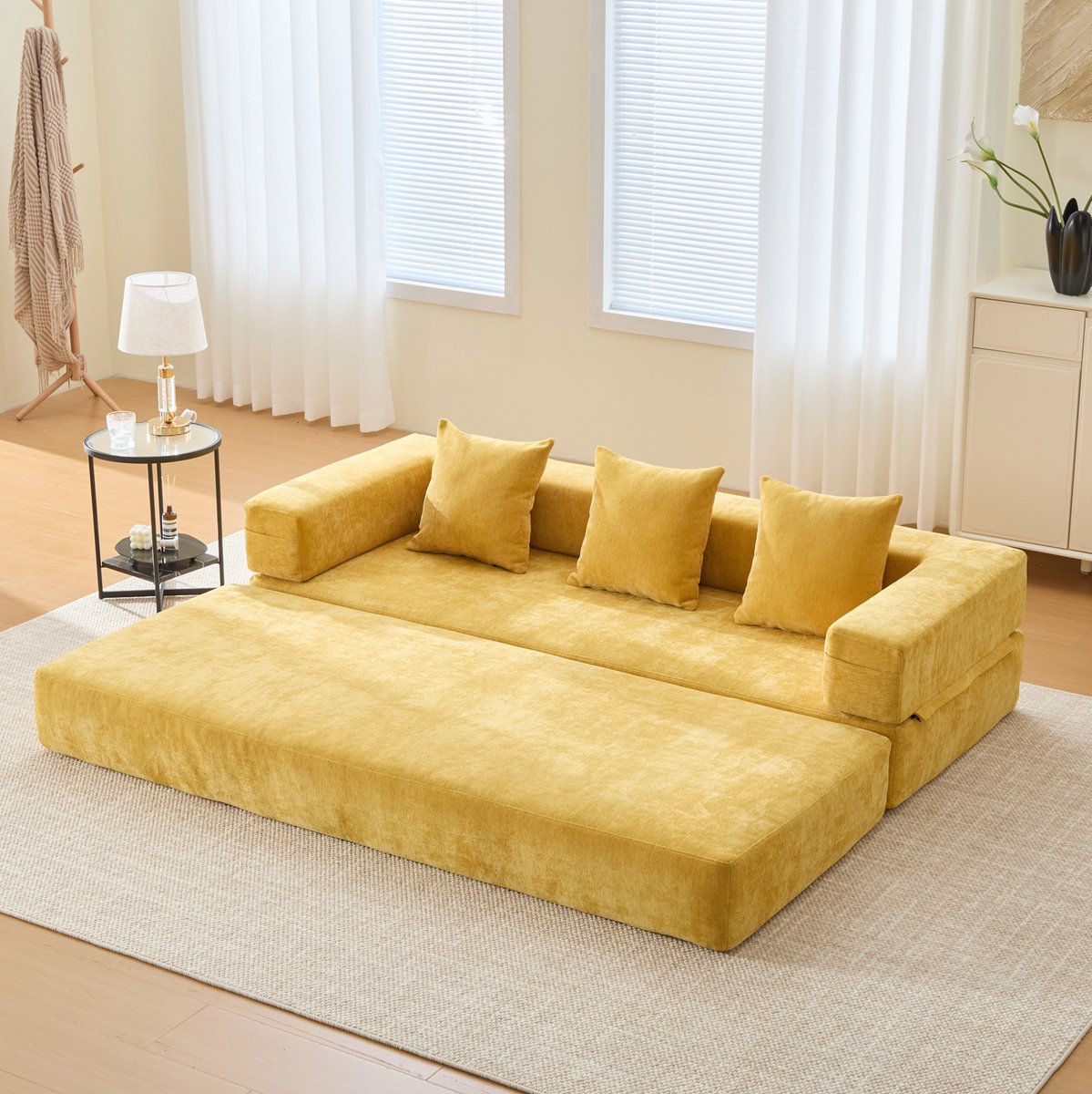 MODENUIT Slaapbank 198 cm - Modulair Met Zijvakken En Anti-Slip - Voor Woonkamer En Kinderkamer - Chenille - Geel