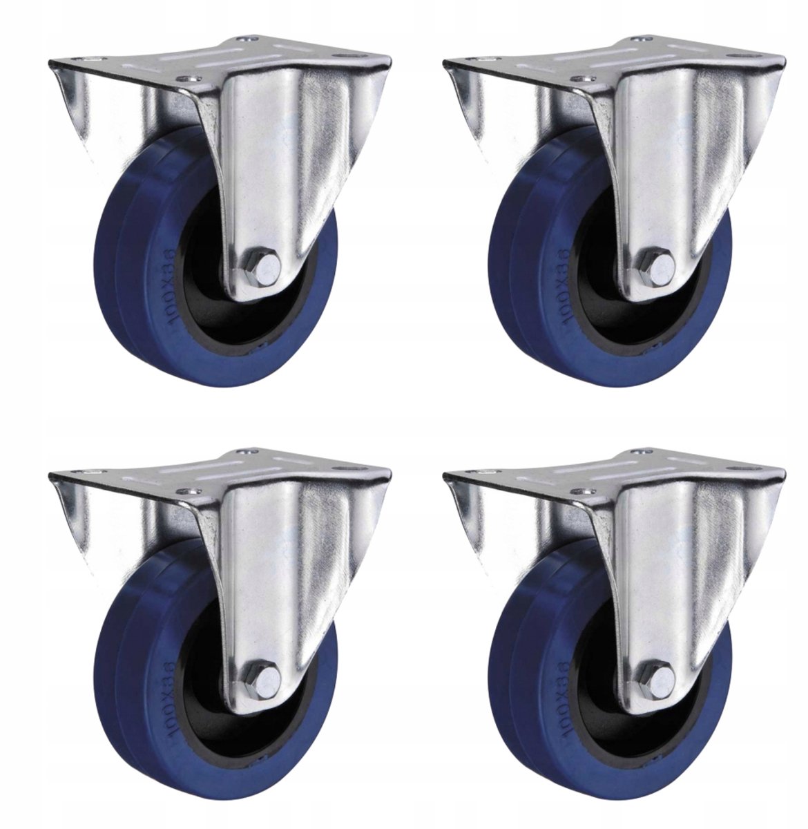 4x Zwenkwielen 100mm 150kg Zacht Rubber Blauw
