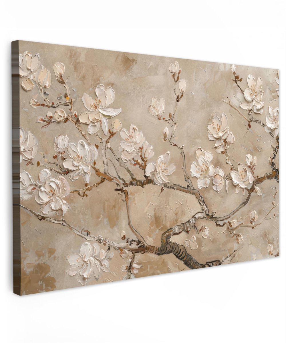 Famanu – Canvas schilderij van 120x80 cm, muurdecoratie voor woonkamer en slaapkamer, modern bloemenontwerp in beige en wit