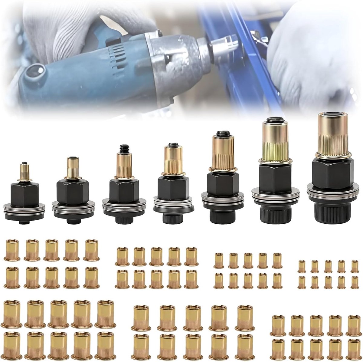 7 stuks schroefdraadklinknageltangset, M3, M4, M5, M6, M8, M10, M12, klinkmoergereedschap met 70 - ShopVlot