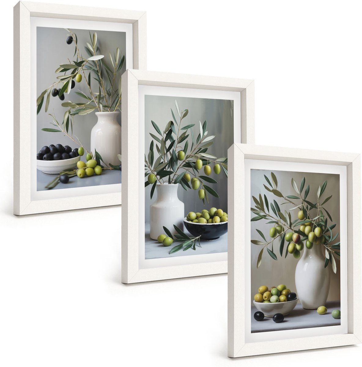 Tulup 3-Delige Schilderij Set - Olijven in vazen ​​met takken op een grijze achtergrond - 20x30 - Stijlvolle Muurdecoratie - Kantoor - Moderne Wanddecoratie