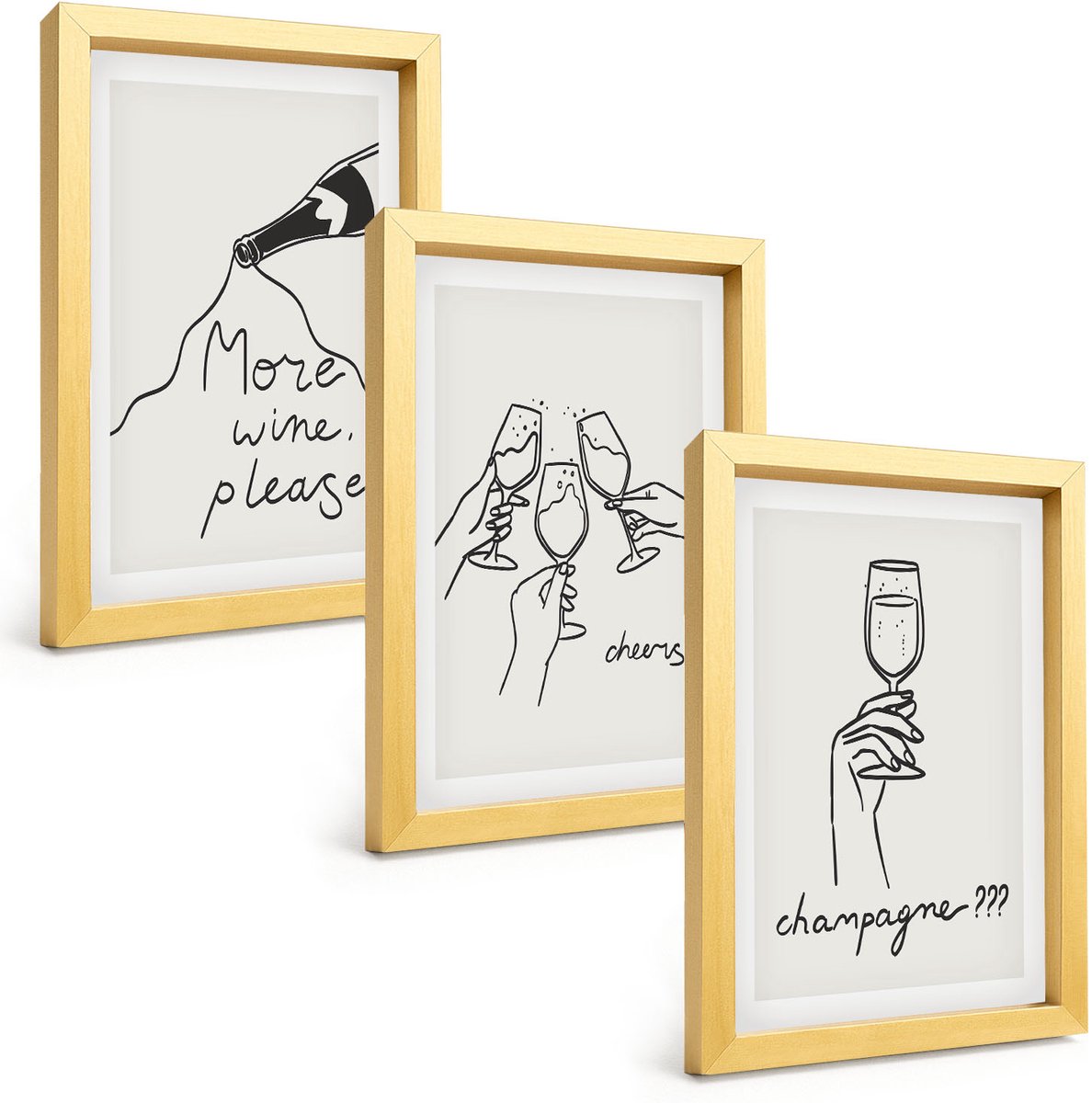 TULUP 4-Delige Schilderij Set - Vrolijke momenten met wijn en champagne - Lijntekening - 20 x 30 cm - Muurdecoratie - Wanddecoratie - Hal Gouden lijst
