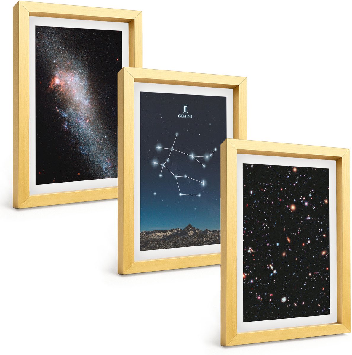 TULUP 4-Delige Schilderij Set - Sterrenbeeld Tweelingen (Gemini) Melkwegstelsel Ruimte Sterren - 20 x 30 cm - Stijlvolle Wanddecoratie - Interieur - Woonkamer Decoratie Gouden lijst