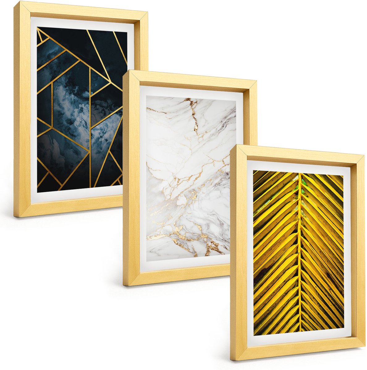TULUP 4-Delige Schilderij Set - Moderne geometrische patronen en natuurlijke plantmotieven - 20 x 30 cm - Wanddecoratie - Woonkamer Decoratie - Stijlvolle Muurdecoratie Gouden lijst
