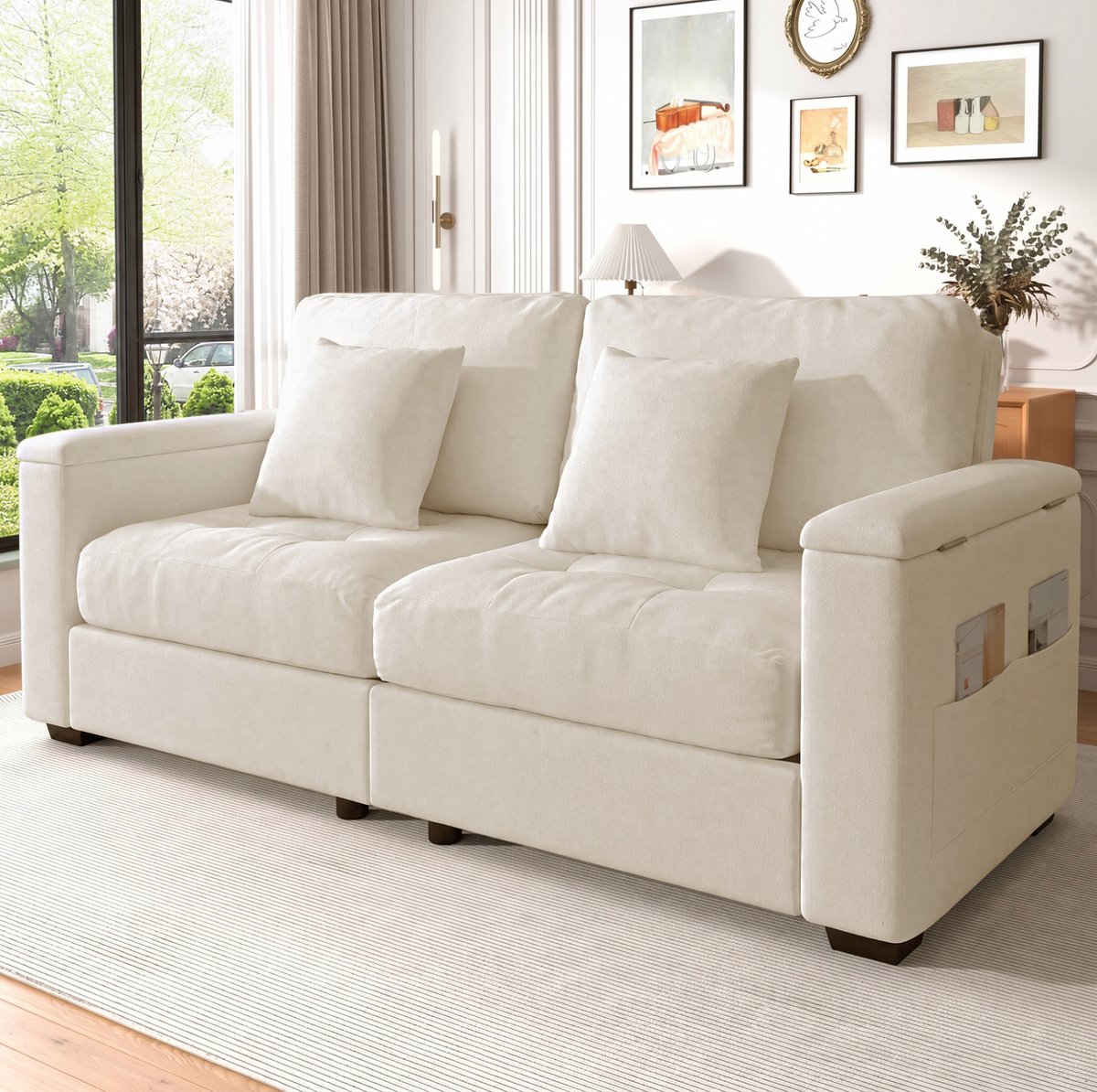 MODENUIT Zitbank 180 Cm - 2-Zits Met Opbergruimte In Armleuning En 2 Kussens - Woonkamer - Chenille - Beige