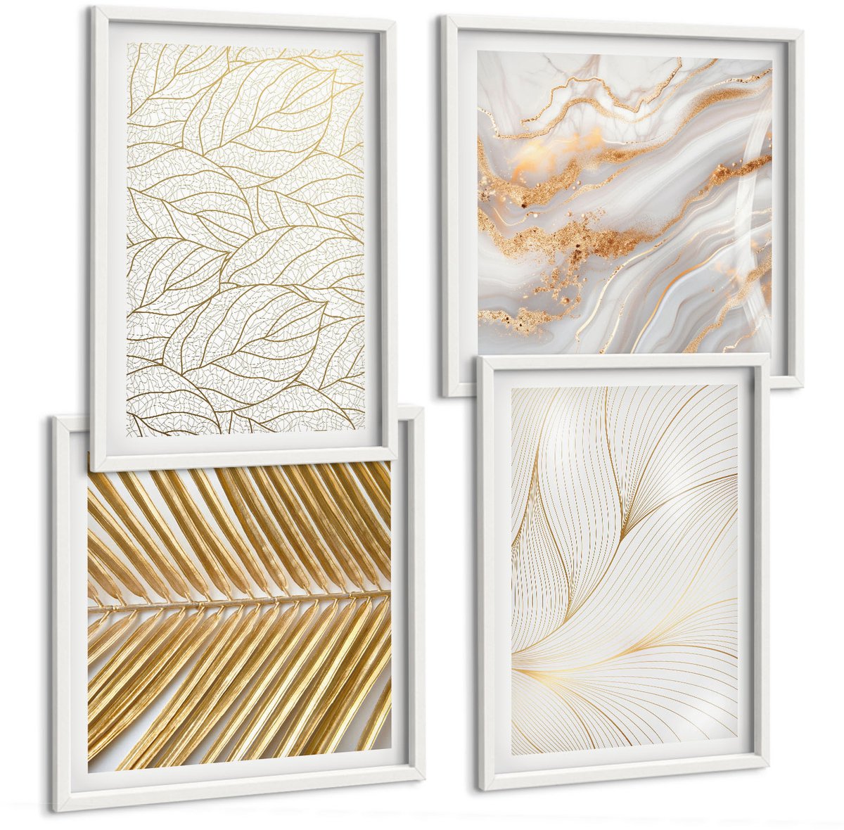 Tulup 4-Delige Schilderij Set - Lineaire bladpatronen Abstract marmer - 40x40 en 40x60 - Moderne Wanddecoratie - Woonkamer - Woonkamer Decoratie