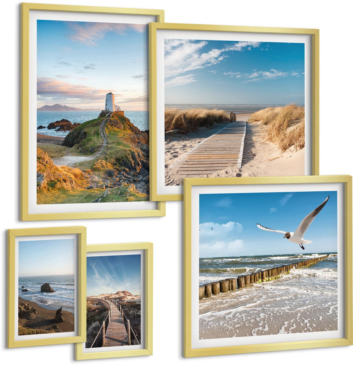 TULUP 5-Delige Schilderij Set - Uitzicht op zee met vuurtorens en stranden op de achtergrond. - 50 x 50 cm, 20 x 30 cm en 40 x 60 cm - Decoratieve Schilderijen - Woonkamer - Interieur - Wanddecoratie Gouden lijst