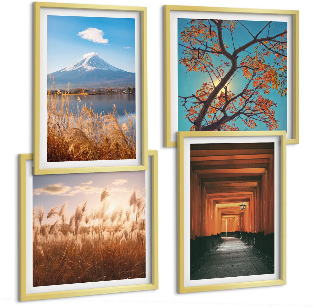 TULUP 4-Delige Schilderij Set - Japanse landschappen, natuur en architectuur van Azië - 40 x 40 cm en 40 x 60 cm - Wanddecoratie - Woonkamer Decoratie - Moderne Wanddecoratie Gouden lijst
