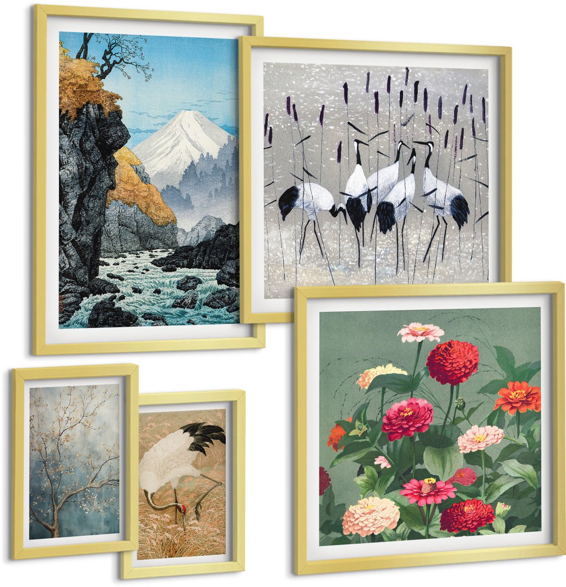 TULUP 5-Delige Schilderij Set - Natuurlandschappen met bloemen en vogels in Japanse stijl - 50 x 50 cm, 20 x 30 cm en 40 x 60 cm - Moderne Wanddecoratie - Slaapkamer - Interieur Decoratie Gouden lijst