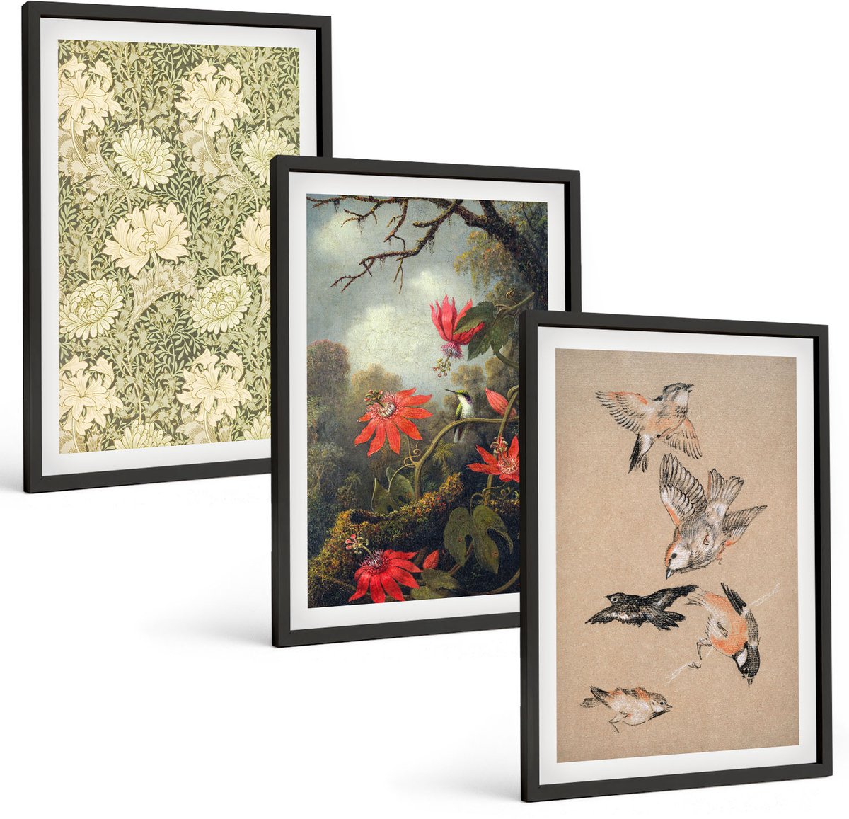 Tulup 4-Delige Schilderij Set - Bloemen en vogels in een natuurlijke omgeving - 40 x 60 cm - Wanddecoratie - Moderne Interieurdecoratie - Decoratieve Schilderijen