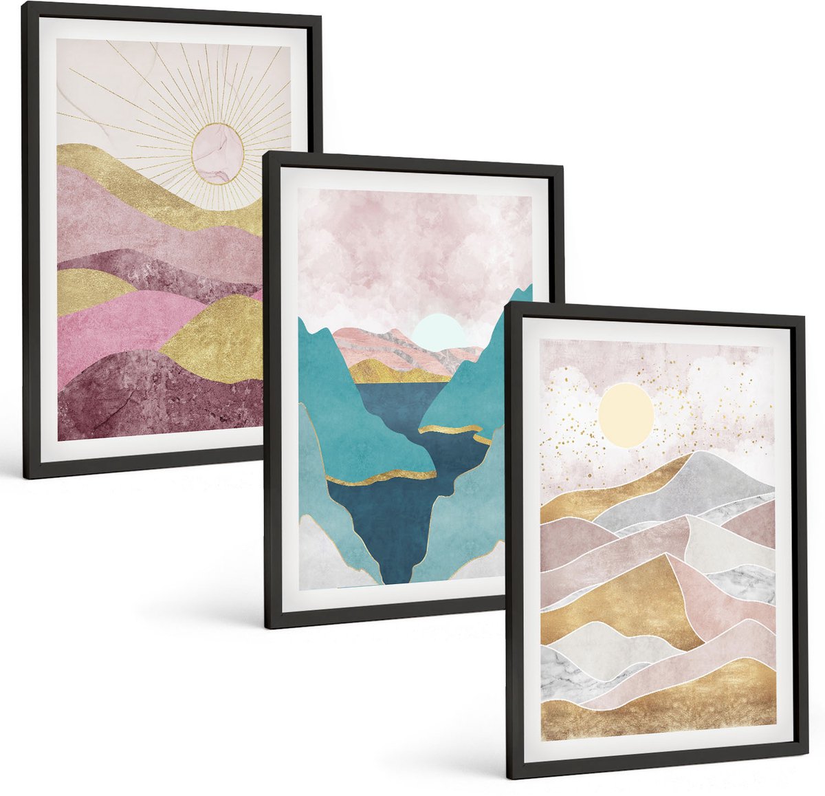 Tulup 4-Delige Schilderij Set - Abstracte landschappen met bergen en zon - 40 x 60 cm - Schilderijen Set - Wanddecoratie - Woonkamer - Muurdecoratie