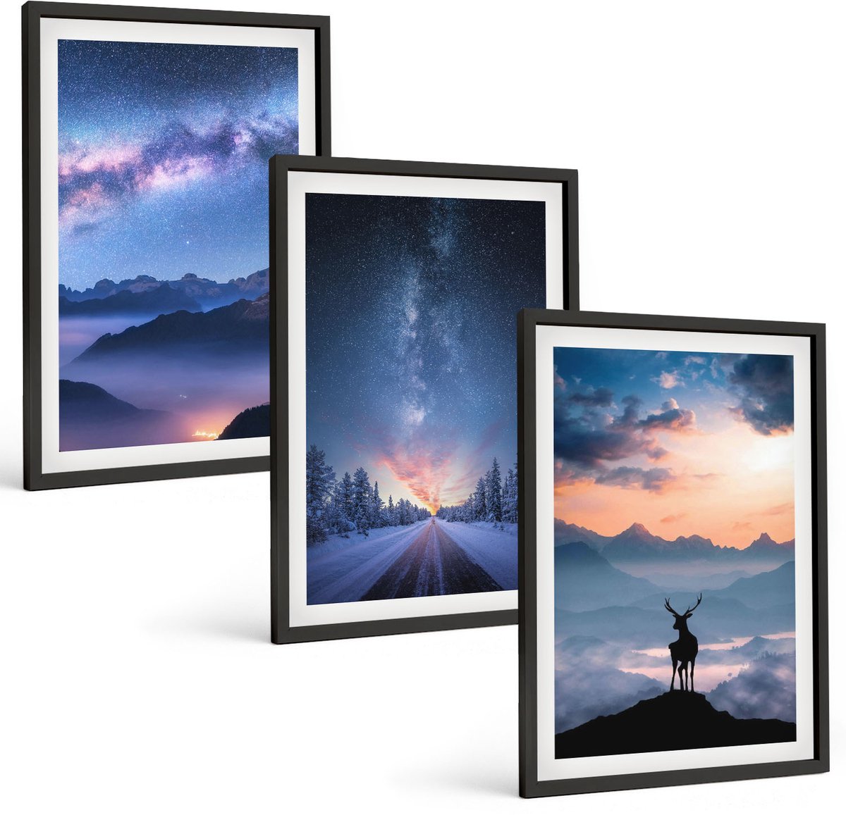 Tulup 4-Delige Schilderij Set - Nachtelijke hemel, berglandschappen in de mist en herten - 40 x 60 cm - Stijlvolle Muurdecoratie - Kantoor - Decoratieve Schilderijen